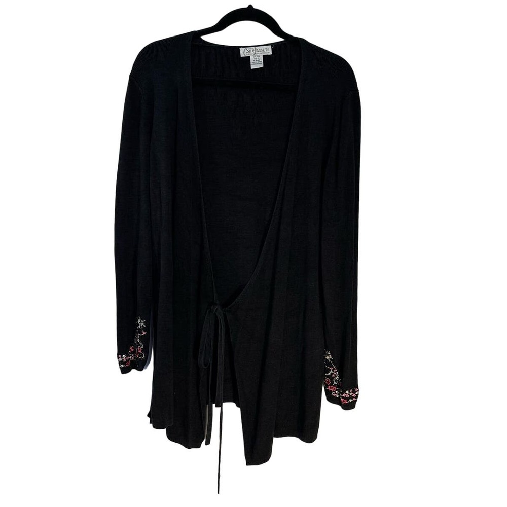 VTG Silk Assets Black Cardigan Size Large Tie Floral Embroidery w Beads EUC